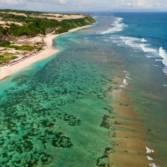 Aerial view in Pandawa beach shot Beautiful nature landscape of Bali Island located in Indonesia, view, shot from drone.