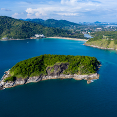 Aerial drone view of the beautiful Promthep Cape overlooking the Andaman Sea from Phuket island
