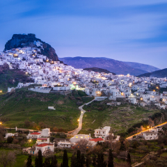 Panoramic night view of Chora, the capital of the island of Skyros, in the Sporades complex, Aegean sea, Greece. 
