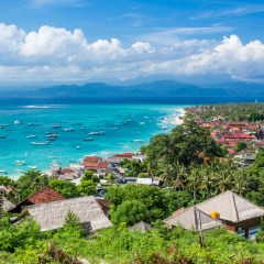 Main town of Nusa Lembongan Island, Bali, Indonesia, with boats awaiting to go to mainland Bali