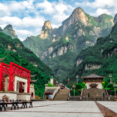 The Tianmen Mountain with a view of the cave Known as The Heaven's Gate and the steep 999 stairs at Zhangjiagie, Hunan Province, China, Asia