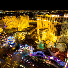 LAS VEGAS, NEVADA - MAY 7:  World famous Vegas Strip in Las Vegas, Nevada as seen at night on May 7, 2012.  Stretching 4.2 miles, the Strip is home to the largest hotels and casinos in the world.