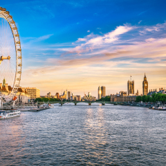 LONDON, ENGLAND - JUNE 20, 2017: Panorama of London landmarks at sunset 