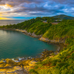 panorama sunset above Promthep cape is a mountain of rock that extends into the sea in Phuket Thailand.
Promthep cape is the most popular viewpoint in Phuket.