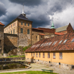 Oslo, Norway - July 18, 2016: Exterior of Akershus Fortress in Oslo, Norway. Akershus Fortress or Akershus Castle  is a medieval castle that was built to protect Oslo, the capital of Norway