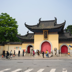 25 April 2018, Wuhan China: Street view and main entrance of Guiyuan temple in Wuhan