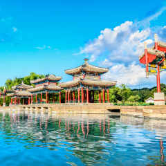 The Mid-lake Pavilion of Chengde Mountain Resort. It is a large complex of imperial palaces and gardens situated in the city of Chengde in Hebei, China.