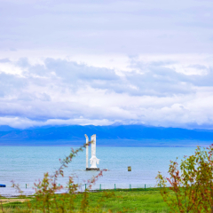 Landscape. The Qinghai Lake and the lake shore, cloudy sky as background. Created in Tibetan Plateau, China, 07/03/2018