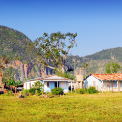 Little farm house in the Valley of Vinales in Pinar del Rio, famous for tobacco and banana plantations in Cuba, world heritage site of Unesco