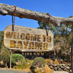 old vintage wood signboard with text " welcome to Bayamo" hanging on a branch