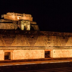 Light show at Nun's Quadrangle (Cuadrangulo de las Monjas) building complex at the ruins of the ancient Mayan city Uxmal, Mexico