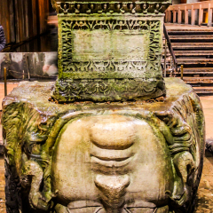 The Column with inverted Medusa head base in Basilica Cistern. Istanbul. Turkey