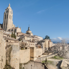 Ancient city walls of Segovia at Castile and Leon, Spain