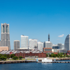 Panoramic view of Yokohama Minato Mirai 21 buildings from Osanbashi pier