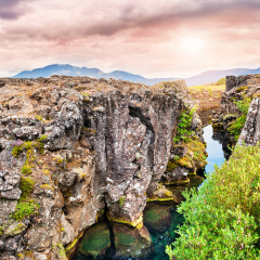 Beautiful cliffs and deep fissure in Thingvellir National Park. Southern Iceland