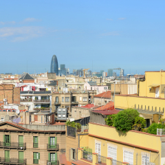 Barcelona skyline and Torre Agbar, Barcelona, Catalonia, Spian. Torre Agbar is designed by French architect Jean Nouvel.
