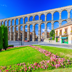 Segovia, Spain. View at Plaza del Azoguejo and the ancient Roman aqueduct.