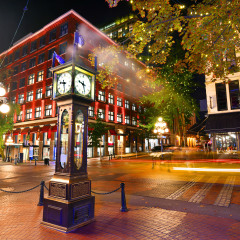 Night view of Historic Steam Clock in Gastown Vancouver,British Columbia, Canada