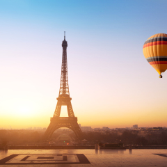 travel concept, beautiful view of hot air balloon flying near Eiffel tower  in Paris, France, tourism in Europe