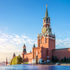 Spasskaya tower of the Kremlin in the early autumn morning on the Red Square in Moscow