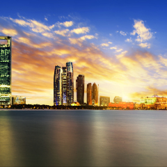 Panorama of Abu Dhabi at night, capital of United Arab Emirates 