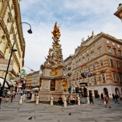 Vienna, Austria - June 28, 2017 - Wiener Pestsaule (Plague Column, Column of Pest) or Dreifaltigkeitssaule (Trinity Column), a Holy Trinity column is a Baroque memorial on Graben street in inner city