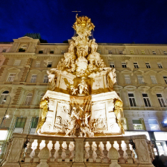 Vienna, Austria - June 27, 2017 - Wiener Pestsaule (Plague Column, Column of Pest) or Dreifaltigkeitssaule (Trinity Column), a Holy Trinity column is a Baroque memorial on Graben street