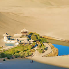 Crescent Spring and Mingyue Pavilion in the morning, Dunhuang of China
