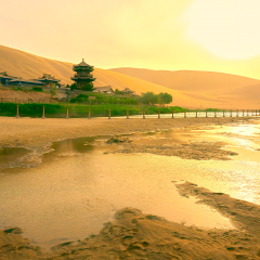 Crescent Moon Spring under sunset, Dunhuang, China