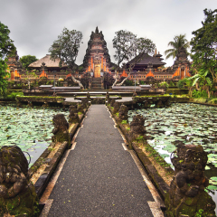 Lotus pond and Pura Saraswati temple in Ubud, Bali, Indonesia.