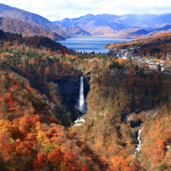 Red, yellow, and orange autumn foliage on mountain with a blue lake (Lake Chuzenji) and a great falls (Kegon Falls). Photoed at Akechidaira observatory, Nikko, Tochigi, Japan.