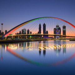 Dubai water canal at sun rise, Dubai, United Arab Emirates on November 2017