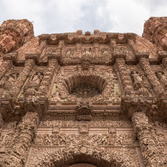 rich colonial architectural decoration on cathedral building facade in Zacatecas Mexico
