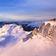 Germany, Bavaria, sunrise on Zugspitze, view on Muenchner Haus