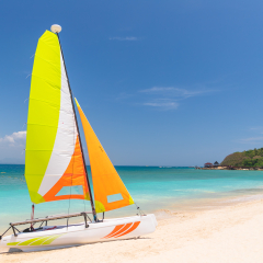A sailboat by the sea in Wuzhizhou Island, Sanya, Hainan Province, China