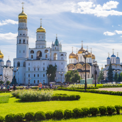 MOSCOW, RUSSIA - JUNE 20, 2017: Inside Kremlin. View of Ivan the Great Bell Tower, Assumption Cathedral and The Cathedral of the Archangel.