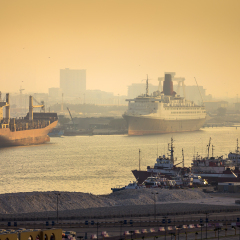 Dubai port view at sunset, United Arab Emirates
