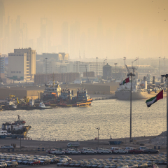 Dubai port view at sunset, UAE