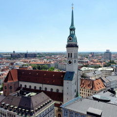 Cityscape of Munich, Bavaria, Germany seen from the top of city hall. St. Peter's Church, a Roman Catholic church, the oldest one in the district.