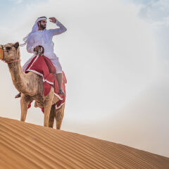 Man wearing traditional middle eastern clothes riding camel in desert, Dubai, United Arab Emirates