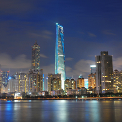 Shanghai Pudong skyline at dusk in Shanghai, China