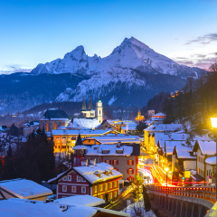 Historic town of Berchtesgaden with famous Watzmann mountain in the background at sunset, National park Berchtesgadener Land, Upper Bavaria, Germany