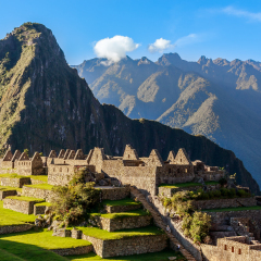 View from the top to old Inca ruins and Wayna Picchu, Machu Picchu, Urubamba provnce, Peru