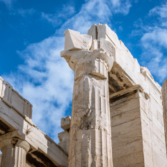 Columns of ancient Propylaea gate on Acraopolis hill in Athens, Greece