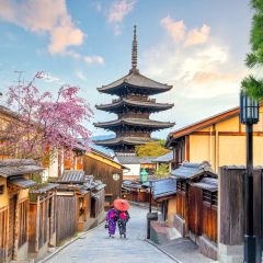 Old town Kyoto during sakura season in Japan.