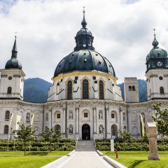 Main facade of Ettal Abbey (Kloster Ettal), a Benedictine monastery in the village of Ettal, Bavaria, Germany.