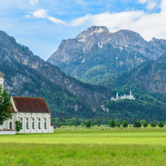 Schwangau, Germany. St. Coloman Church, near the town of Fussen, Bavaria, Germany. Copy space for text                               