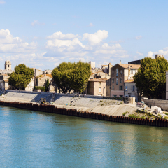 Arles panorama from the river. Arles, Provence-Alpes-Cote d'Azur, France.