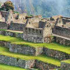 Close view of the ruins at Machu Picchu citadel in Peru. In 2007 Machu Picchu was voted one of the New Seven Wonders of the World.