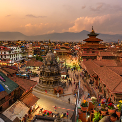 KATHMANDU, NEPAL - OCTOBER 19, 2015 : Sunset over  Patan Durbar Square in Nepal. Long exposure.